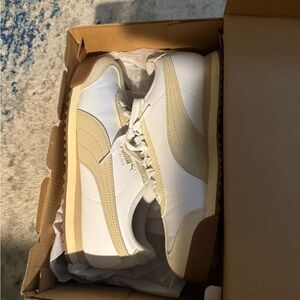 Puma White and Tan Retro Sneakers